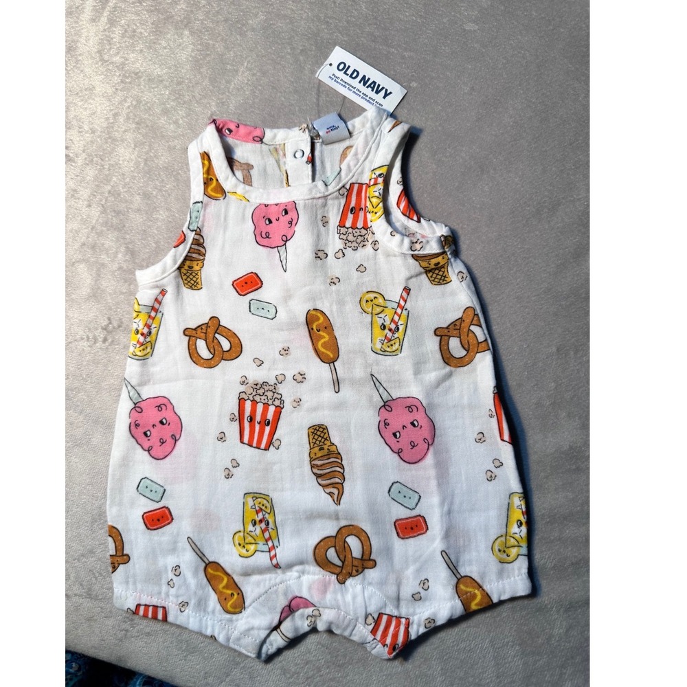 Old Navy Baby Carnival Food Print Sleeveless Gauze Romper White 0-3M NWT